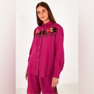 NEW NWT Farm Rio pink beaded fringe Western linen shirt button down M